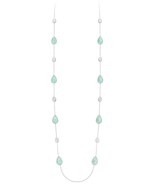 Serpent Bohème 16 motifs long necklace, set with aquaprases, paved with diamonds, in white gold